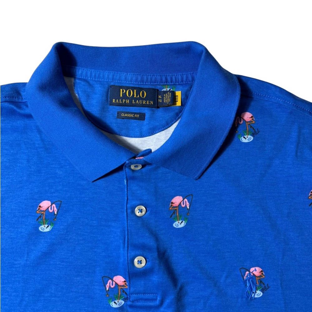 Polo Ralph Lauren Pink Flamingo Shirt Short Sleeve Mens Size XL Blue All Over